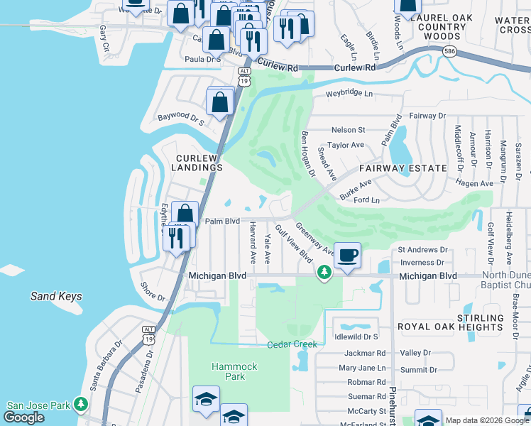 map of restaurants, bars, coffee shops, grocery stores, and more near 2131 Gulf View Boulevard in Dunedin