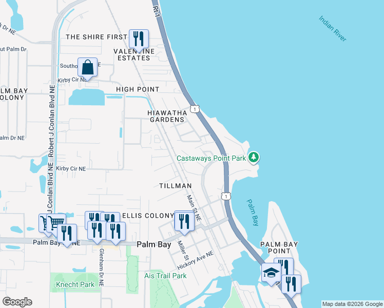 map of restaurants, bars, coffee shops, grocery stores, and more near 2855 Morris Avenue Northeast in Palm Bay