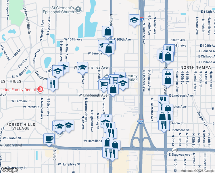 map of restaurants, bars, coffee shops, grocery stores, and more near in Tampa