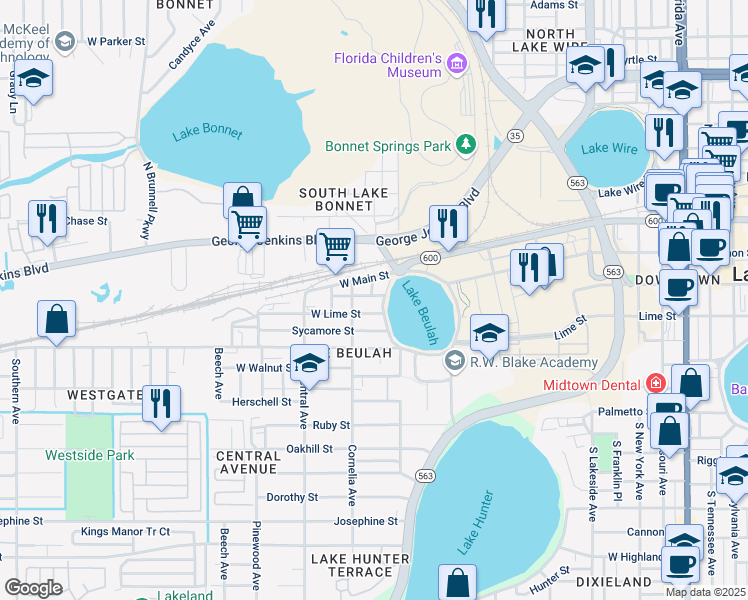 map of restaurants, bars, coffee shops, grocery stores, and more near 1022 West Orange Street in Lakeland