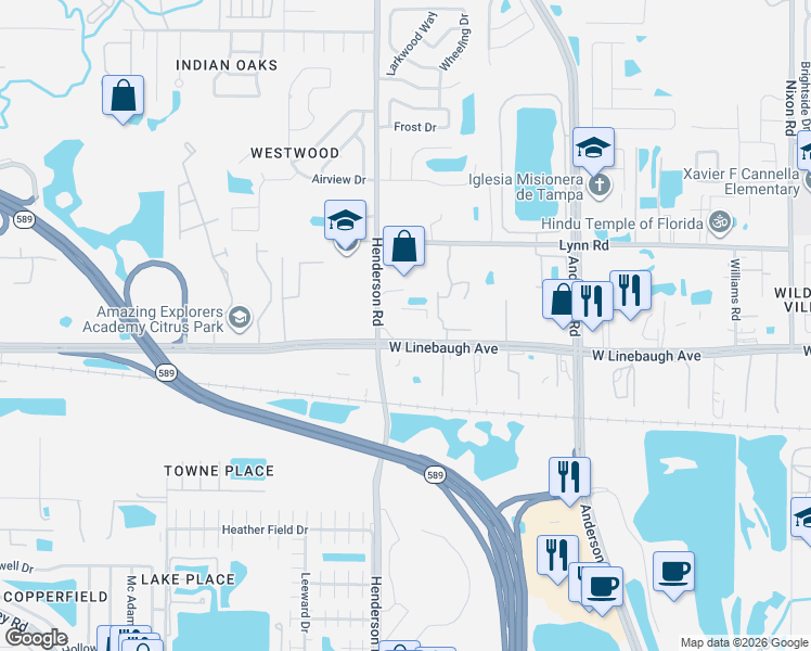 map of restaurants, bars, coffee shops, grocery stores, and more near 6295 West Linebaugh Avenue in Tampa