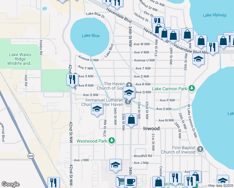 map of restaurants, bars, coffee shops, grocery stores, and more near 3505 Avenue P Northwest in Winter Haven