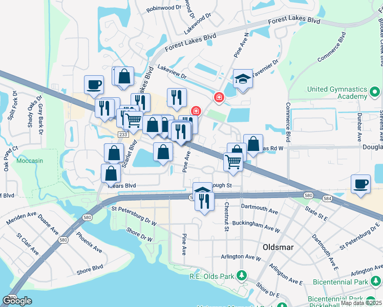 map of restaurants, bars, coffee shops, grocery stores, and more near 85 Pine Avenue in Oldsmar
