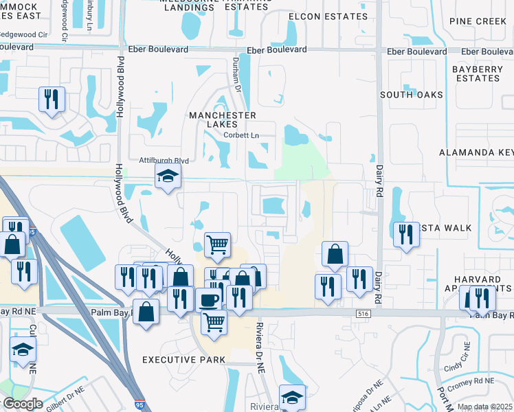 map of restaurants, bars, coffee shops, grocery stores, and more near 4615 Explorer Drive in West Melbourne