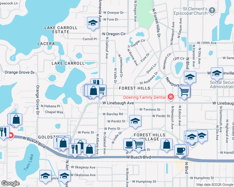map of restaurants, bars, coffee shops, grocery stores, and more near 1521 West Meadowbrook Avenue in Tampa