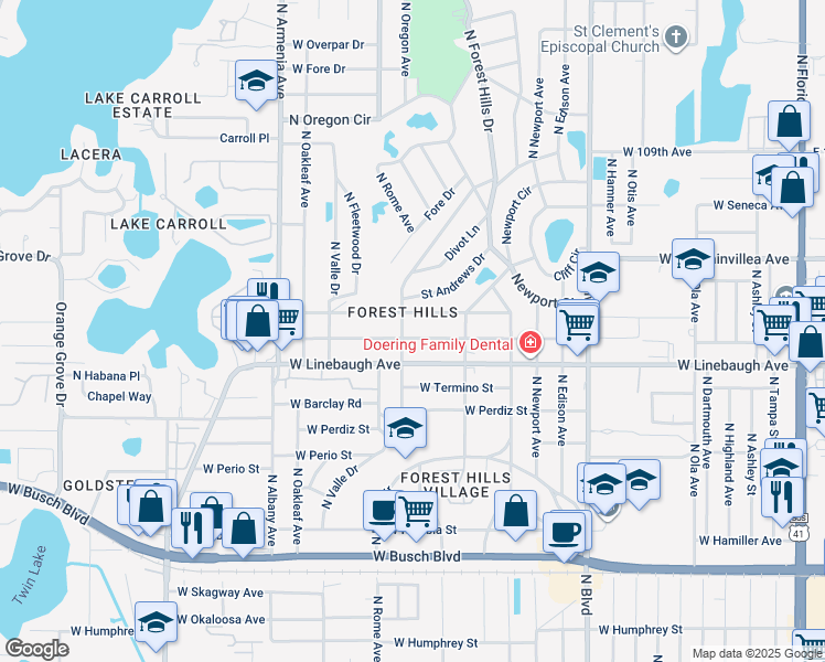 map of restaurants, bars, coffee shops, grocery stores, and more near 1423 West Meadowbrook Avenue in Tampa