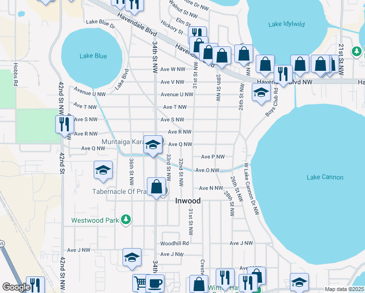 map of restaurants, bars, coffee shops, grocery stores, and more near 3190 Avenue Q Northwest in Winter Haven