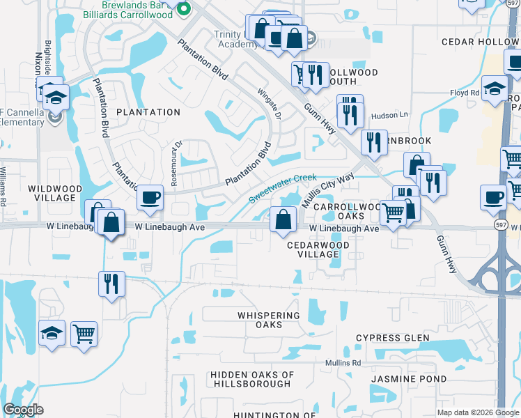 map of restaurants, bars, coffee shops, grocery stores, and more near 10024 Strafford Oak Court in Tampa