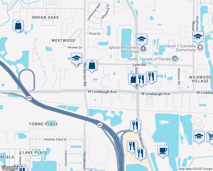 map of restaurants, bars, coffee shops, grocery stores, and more near 10017 Tranquility Way in Tampa