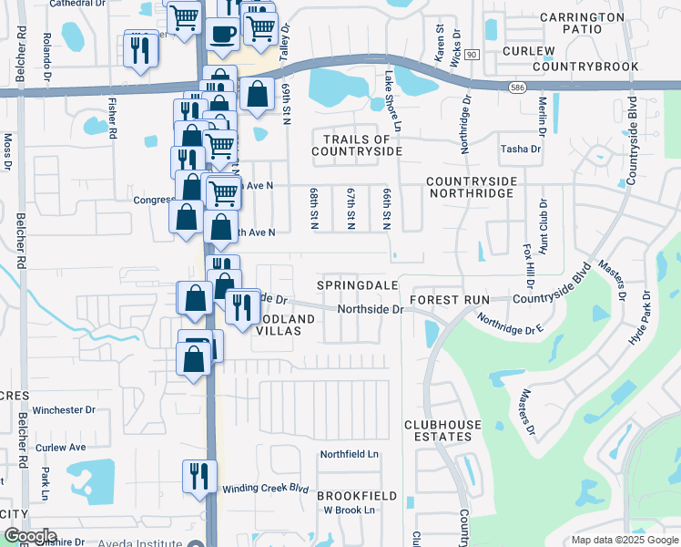 map of restaurants, bars, coffee shops, grocery stores, and more near Elderberry Drive in Clearwater