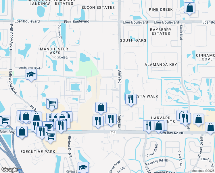 map of restaurants, bars, coffee shops, grocery stores, and more near 4605 Crosswind Court in Melbourne