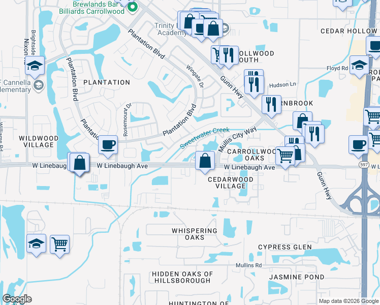 map of restaurants, bars, coffee shops, grocery stores, and more near 10024 Strafford Oak Court in Tampa