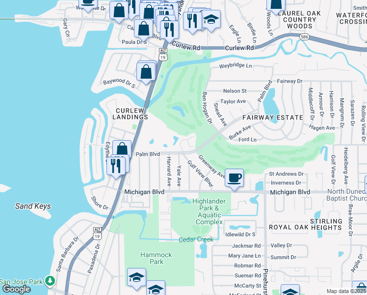 map of restaurants, bars, coffee shops, grocery stores, and more near 2131 Gulf View Boulevard in Dunedin