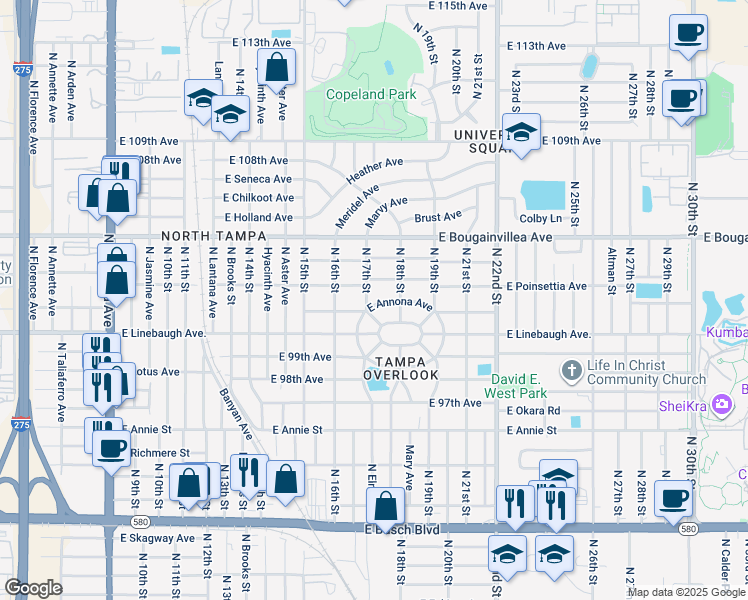 map of restaurants, bars, coffee shops, grocery stores, and more near 1702 East Annona Avenue in Tampa