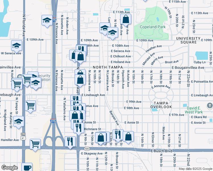 map of restaurants, bars, coffee shops, grocery stores, and more near 10013 North 11th Street in Tampa