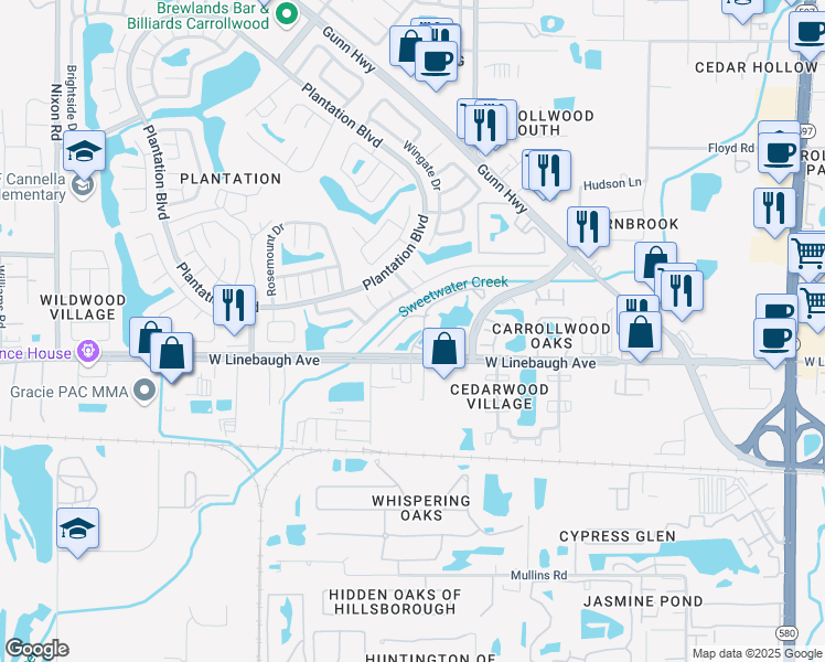 map of restaurants, bars, coffee shops, grocery stores, and more near 10024 Strafford Oak Court in Tampa