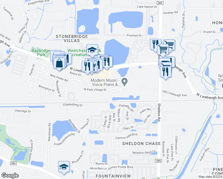 map of restaurants, bars, coffee shops, grocery stores, and more near 9518 West Park Village Drive in Tampa