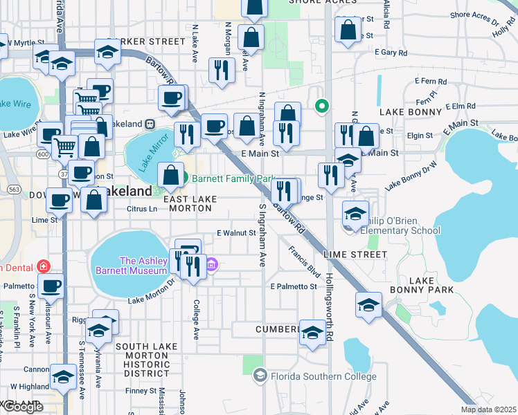 map of restaurants, bars, coffee shops, grocery stores, and more near 317 South Ingraham Avenue in Lakeland