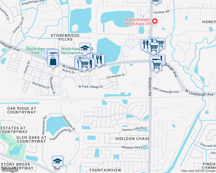 map of restaurants, bars, coffee shops, grocery stores, and more near 9510 Georgian Park Lane in Tampa