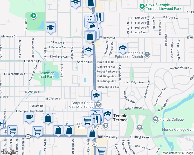 map of restaurants, bars, coffee shops, grocery stores, and more near 101 Park Ridge Avenue in Temple Terrace