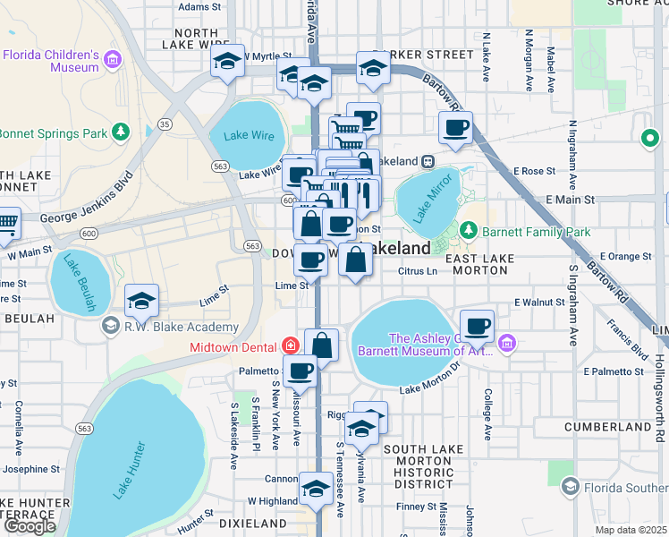map of restaurants, bars, coffee shops, grocery stores, and more near 121 Florida Avenue South in Lakeland