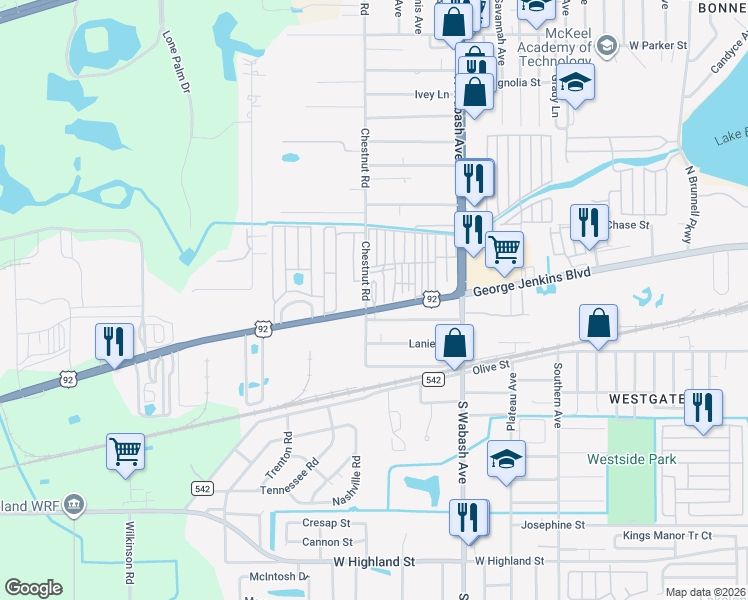 map of restaurants, bars, coffee shops, grocery stores, and more near 2301 New Tampa Highway in Lakeland