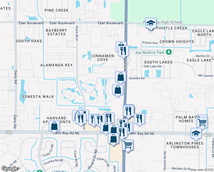 map of restaurants, bars, coffee shops, grocery stores, and more near 4560 Beck Lake Trail in Melbourne