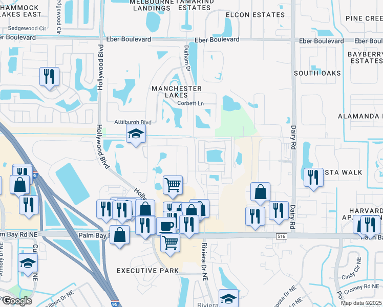 map of restaurants, bars, coffee shops, grocery stores, and more near 1306 Potenza Drive in West Melbourne