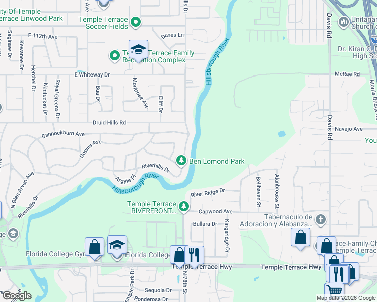 map of restaurants, bars, coffee shops, grocery stores, and more near 1309 Riverhills Drive in Temple Terrace