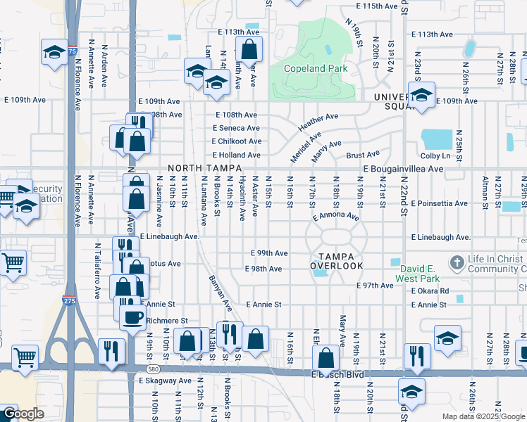 map of restaurants, bars, coffee shops, grocery stores, and more near 10014 North 15th Street in Tampa