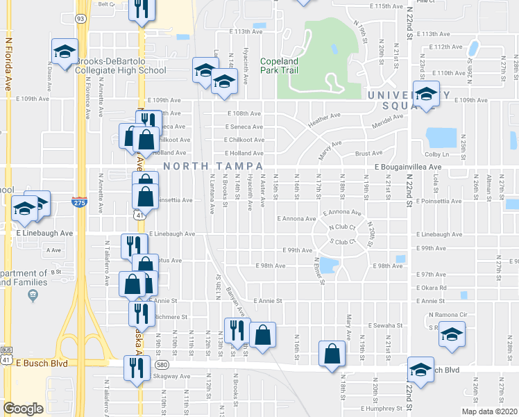 map of restaurants, bars, coffee shops, grocery stores, and more near 10014 Hyacinth Avenue in Tampa