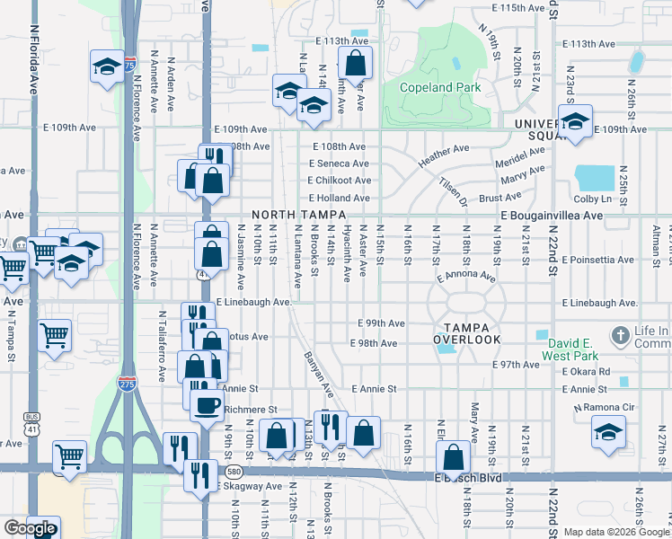 map of restaurants, bars, coffee shops, grocery stores, and more near 10014 Hyacinth Avenue in Tampa