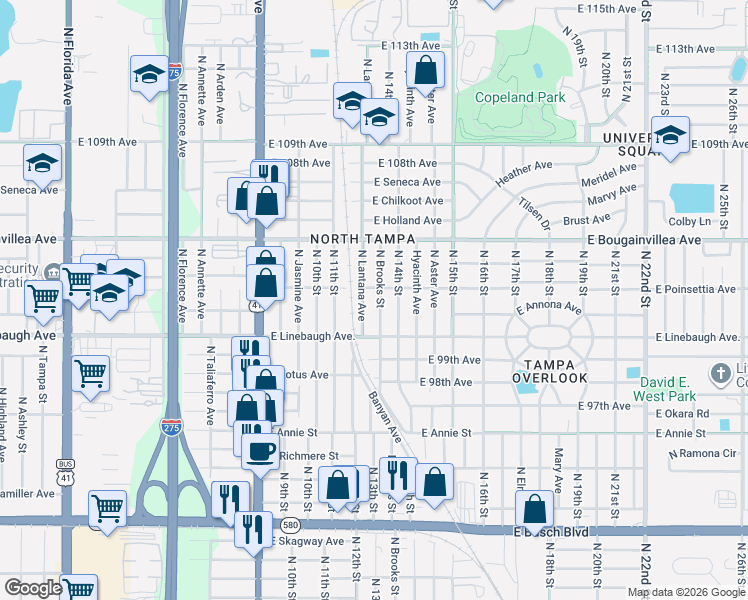 map of restaurants, bars, coffee shops, grocery stores, and more near 10014 North Brooks Street in Tampa
