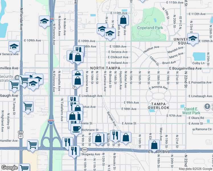 map of restaurants, bars, coffee shops, grocery stores, and more near 10014 North Brooks Street in Tampa
