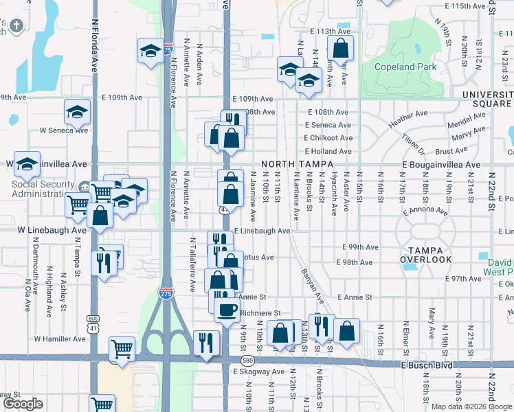 map of restaurants, bars, coffee shops, grocery stores, and more near 10014 North 10th Street in Tampa