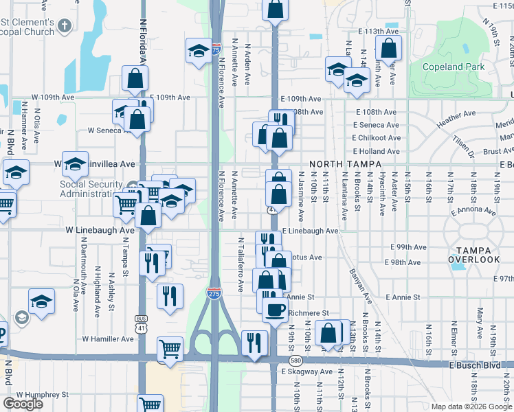map of restaurants, bars, coffee shops, grocery stores, and more near 802 East Brawin Avenue in Tampa