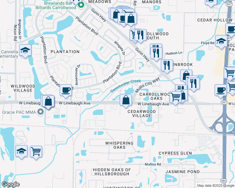 map of restaurants, bars, coffee shops, grocery stores, and more near 10024 Strafford Oak Court in Tampa