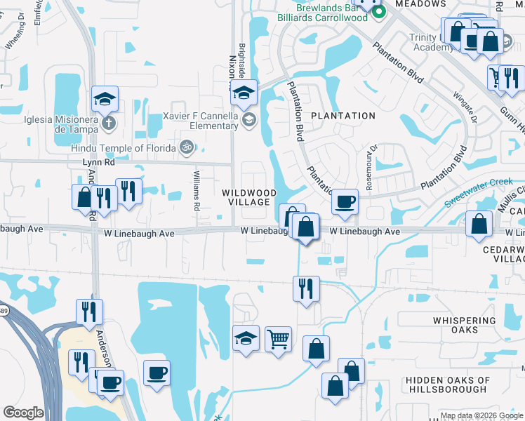 map of restaurants, bars, coffee shops, grocery stores, and more near 10040 Cedar Dune Drive in Tampa