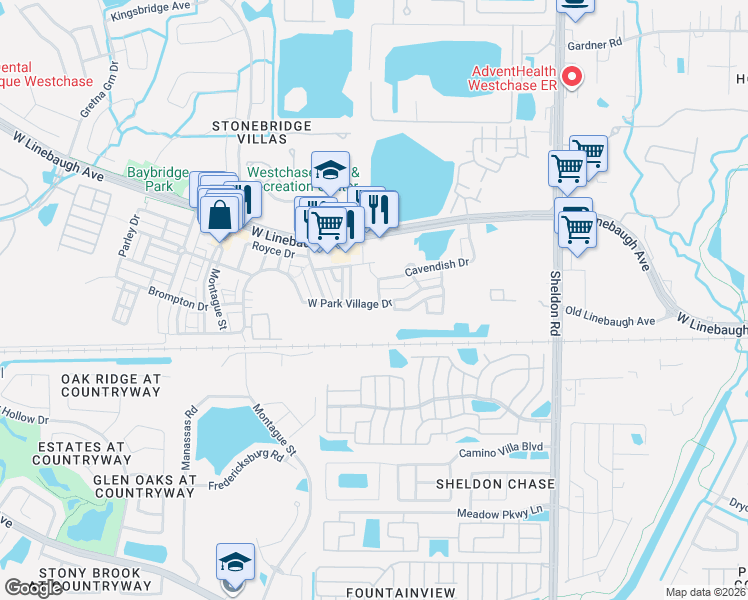map of restaurants, bars, coffee shops, grocery stores, and more near 9518 West Park Village Drive in Tampa
