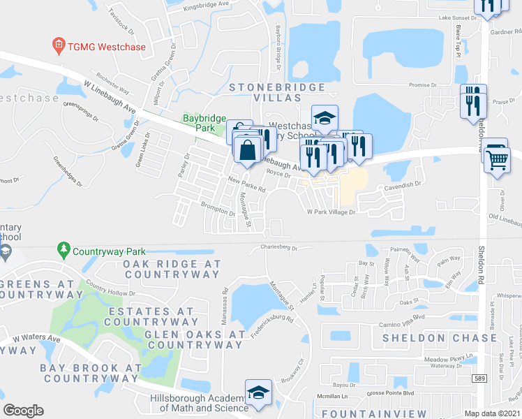 map of restaurants, bars, coffee shops, grocery stores, and more near 9828 West Park Village Drive in Tampa