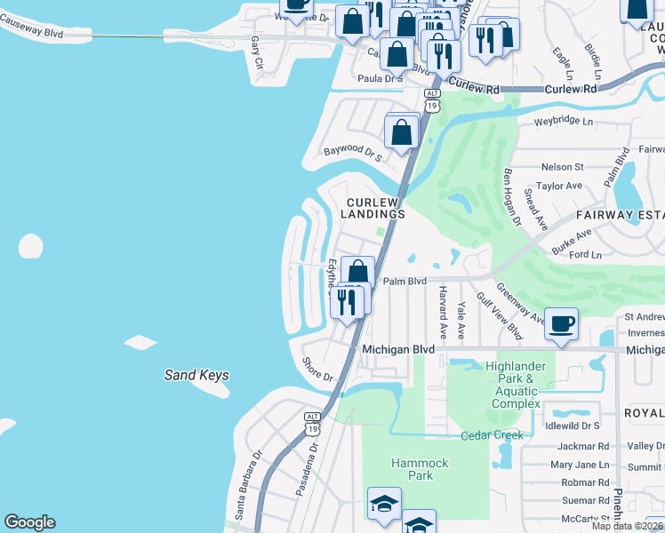 map of restaurants, bars, coffee shops, grocery stores, and more near 73 Palm Boulevard in Dunedin