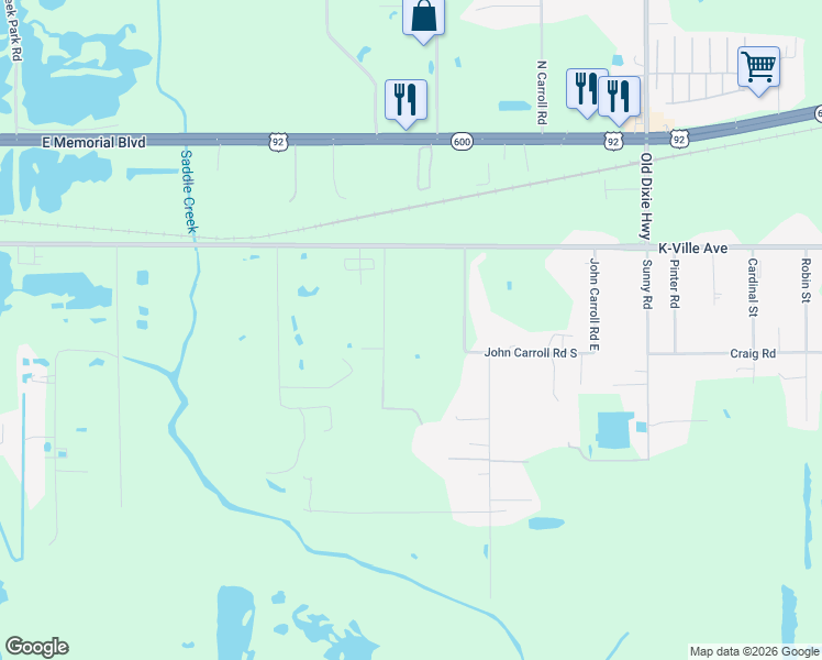 map of restaurants, bars, coffee shops, grocery stores, and more near 225 John Carroll Road West in Lakeland