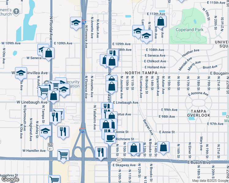 map of restaurants, bars, coffee shops, grocery stores, and more near 10018 North 9th Street in Tampa