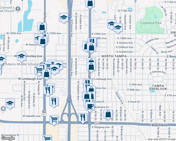 map of restaurants, bars, coffee shops, grocery stores, and more near 802 East Brawin Avenue in Tampa