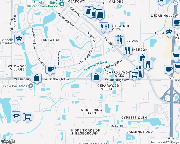 map of restaurants, bars, coffee shops, grocery stores, and more near 10024 Strafford Oak Court in Tampa