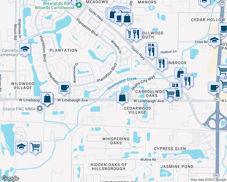 map of restaurants, bars, coffee shops, grocery stores, and more near 10122 Winsford Oak Boulevard in Tampa