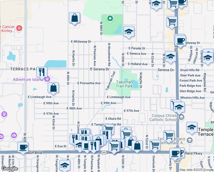 map of restaurants, bars, coffee shops, grocery stores, and more near 10010 Takomah Trail in Tampa