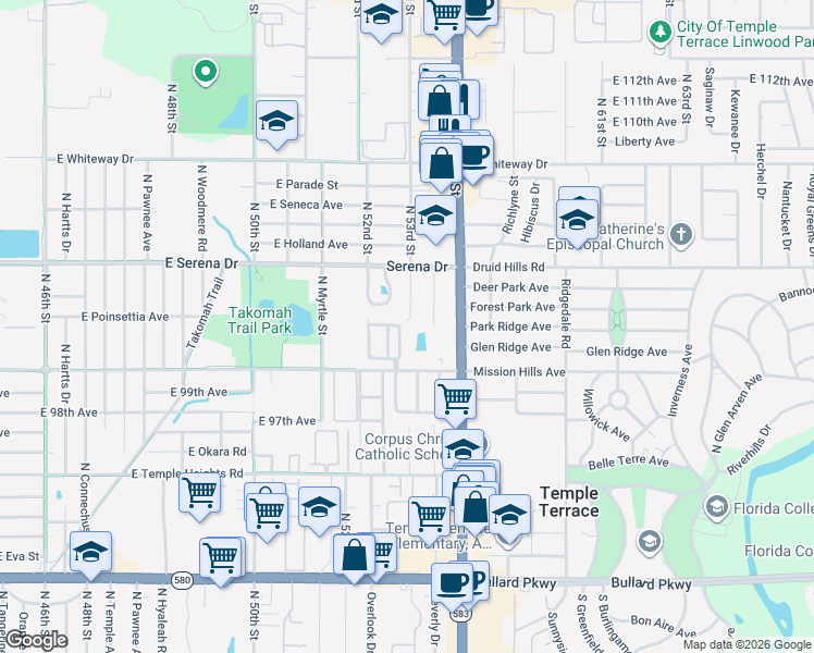 map of restaurants, bars, coffee shops, grocery stores, and more near 10047 North 53rd Street in Temple Terrace