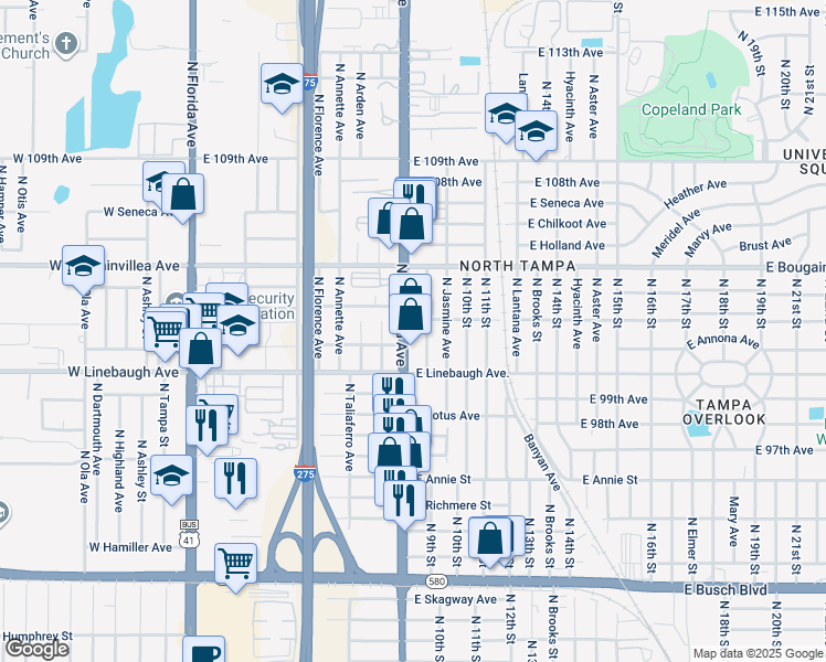 map of restaurants, bars, coffee shops, grocery stores, and more near 10018 North 9th Street in Tampa