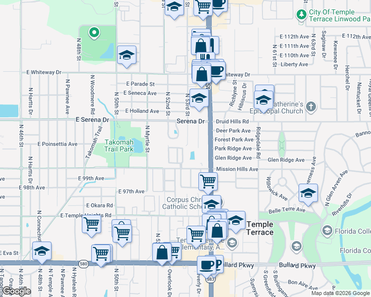 map of restaurants, bars, coffee shops, grocery stores, and more near 10047 North 53rd Street in Temple Terrace